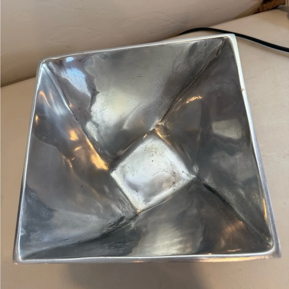 Vintage Large Square Pewter Metal Bowl Fruit‎ Basket Diamond Twist Art Decor